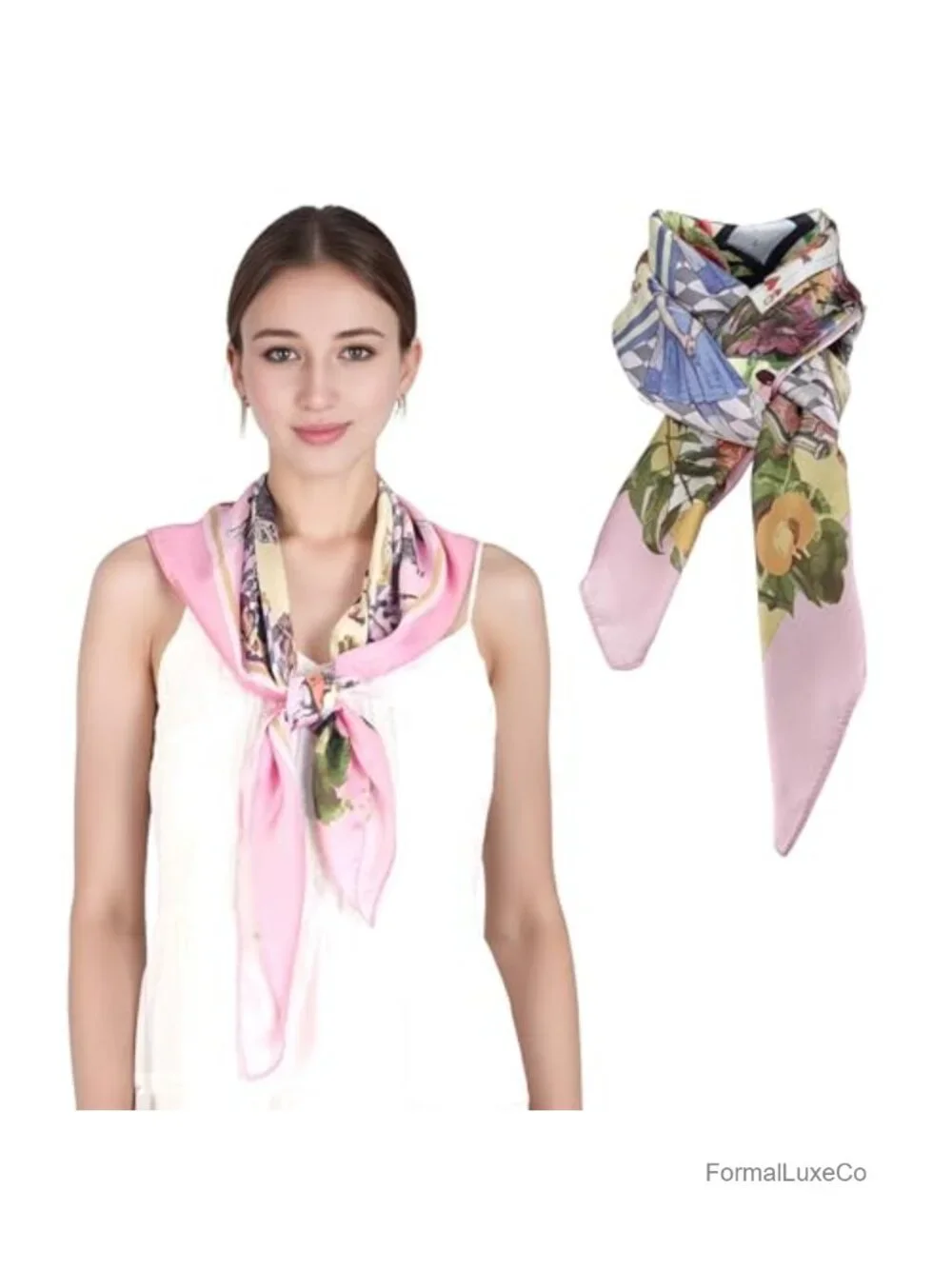 35x35 Square Satin Scarf for Women, Fashion Head Wrap, Artistic Print, Chic